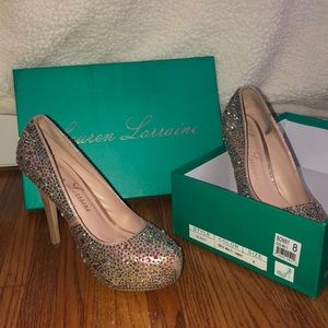 Lauren Lorraine gold bedazzled stilettos